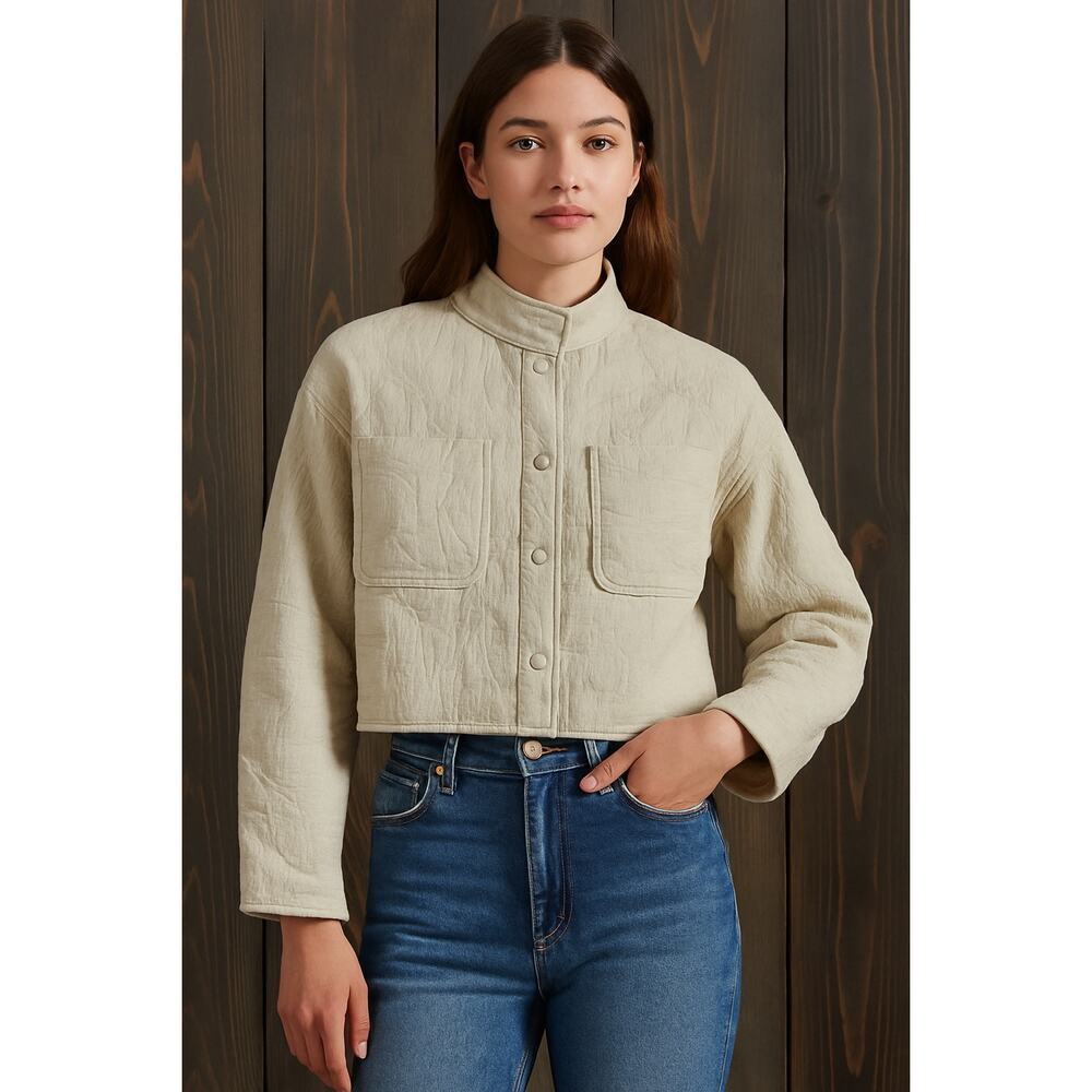 7 For All Mankind Beige Quilted Cropped Jacket | Boxy Fit Neutral Layer M